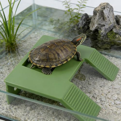 Turtle Resting Basking Platform, Double Ladder Turtle Climbing Ramp, Tortoise Resting Terrace for Frog Terrapin Reptile Amphibian Habitat Hideouts Floating Tank Décor (Green, Large) - size: Large