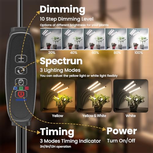 bseah Plant Grow Light for Indoor Plants, Full Spectrum Indoor Grow Light, 10-Level Dimmable and Auto ON & Off Timer - style: 3 Tubes