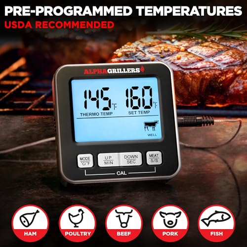 Alpha Grillers Meat Thermometer Digital, Wired Probe for Oven & Grill | 7 Preset Temperature Alerts, Timer & Alarm for Cooking, Baking & BBQ