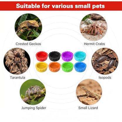 Silicone Gecko Feeding Cups, Reusable Small Reptile Food Dish Gecko Tank Accessories Crested Geckos Food and Water Feeding Cups, Easy Clean Silicone Small Capacity Worm Bowl (16 Pack, 8 Colors)