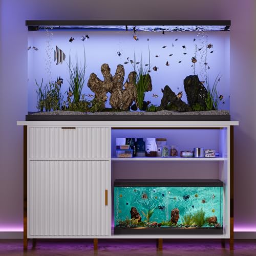 55-75 Gallon Fish Tank Stand, Aquarium Stand with LED Light, White & Gold | 49 x 20 In Top, Modern Fluted Design, 2 Outlets, 2 USB Ports, Shelf Storage, Metal Frame Support, 1100 LBS, Turtle Tank Stand - color: White and Gold