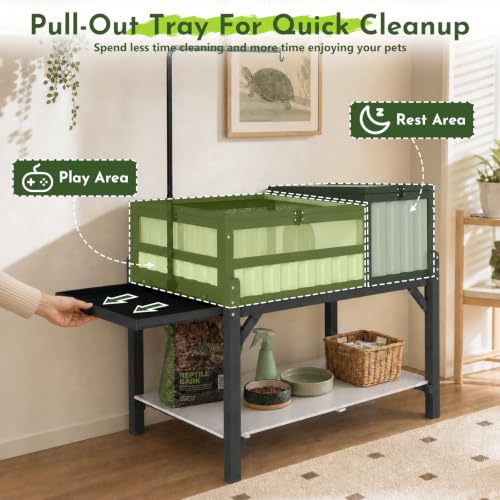 Large Tortoise Habitat with Storage Shelf, Wooden & Plastic Tortoise Enclosure with Adjustable Lamp Stand, Viewing Window, Pull-Out Tray, 2-Room Indoor Outdoor Reptile Turtle House - size: 39"L x 22.8"W x 33"H