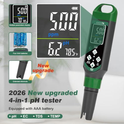 Hydroponic Nutrient Tester pH Meter, Digital TDS PPM Meter for Water | ATC/AAA Battery/Calibration Kit/pH Reset, 4 in 1 EC TDS Hydroponic pH Kit for DWC/NFT/Aeroponic Systems Hydroponic Garden