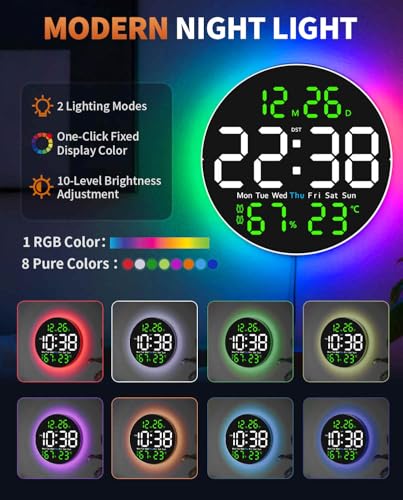 10 Inch Large Digital Wall Clock with 9 Color Changing Remote Control, Date Week Temperature, Auto Brightness Dimmer Big Clock with Night Lights,Green - color: Green