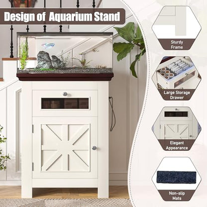 10-15 Gallon Fish Tank Stand, Aquarium Stand with Power Outlets, 198LBS Capacity, Fish Tank Table with Storage Cabinet and Drawer, Aquarium Table for Reptile Terrarium Stand, Beige Brown