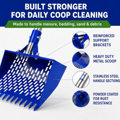 Chicken Poop Scooper with 74" Adjustable Handle – Heavy Duty Metal Chicken Coop Cleaner, 10.2" Wide Sifting Scoop with Built-in Rake & Hook for Sand, Pine Shavings & Manure