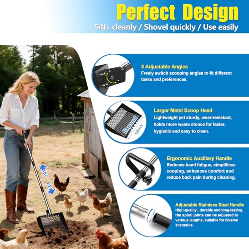 12-Inch 2-in-1 Chicken Poop Scooper & Rake, Chicken Coop Scoop with Adjustable Stainless Steel Handle （24–64"）, 3 Angles & 2 Sifting Holes, Litter Scoop Sand Sifting Shovel Pooper Scooper (Black) - color: Black