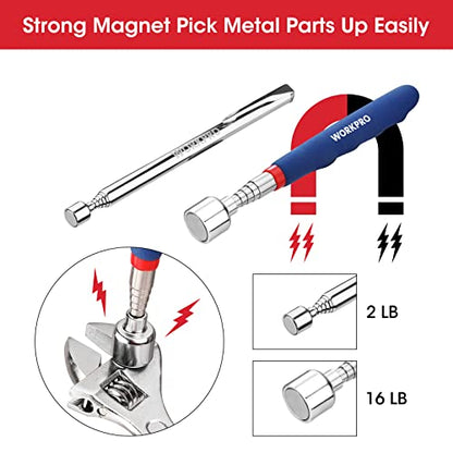 WORKPRO 4PC Telescoping Magnetic Pick Up Tool Kit, For Auto Repair | 24 inches flexible grabber pick up tool, 360° Adjustable Inspection Mirror, 2PC Magnetic Pick Up Tool, Four Claw Grabber Tool