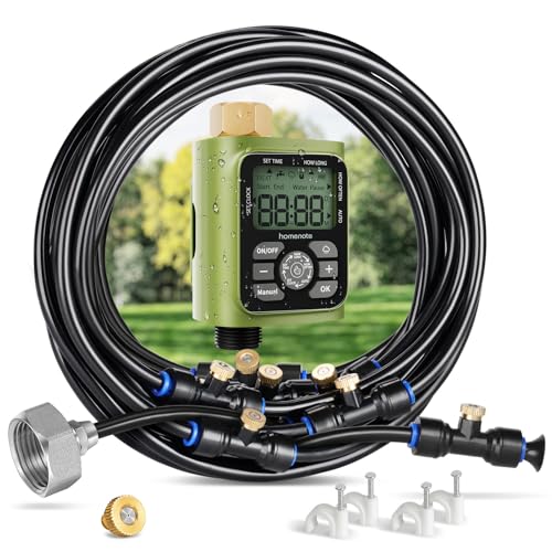 HOMENOTE Misting Cooling System with Timer, 26FT Misting Hose | 7 Brass Nozzles, 3/4" Brass Adapter, Water Timer with Mist Mode & Irrigation Mode, For Patio Cooling and Garden Watering - size: 26FT / 8M