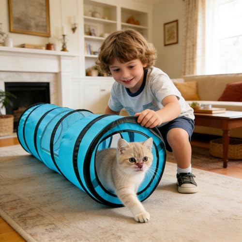 PAWISE Cat Tunnel for Indoor Cats, Collapsible Pet Tube with Peek Hole | Peek hole, tear-proof polyester, 10.5x34.5in, for cats rabbits, blue - size: 34.5in