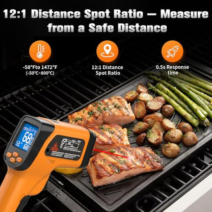 Infrared Thermometer Gun, -58°F to 1472°F for Cooking | K-Type Probe -58°F to 572°F, 12:1 Laser Temperature Gun for Pizza Oven, BBQ, HVAC, Auto, Home & Industrial