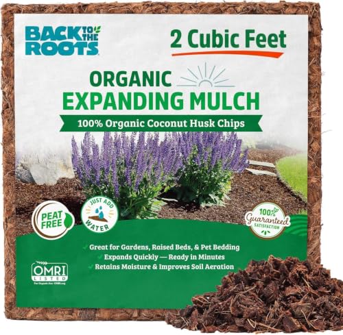 Back to the Roots 100% Organic Mulch, 58 Quart (2 Cubic ft), Expanding Coconut Husk Block for Gardening