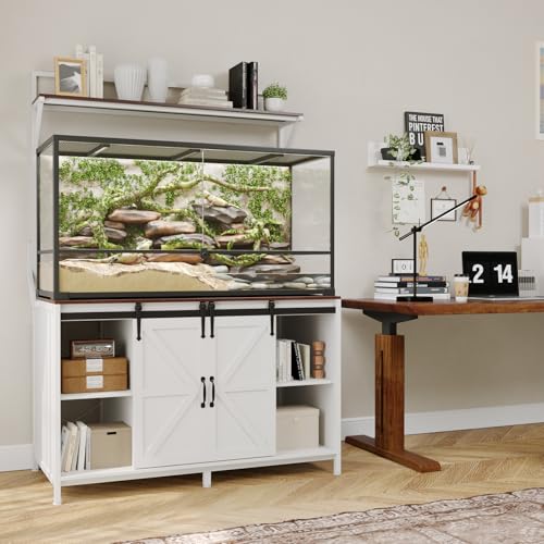 VOWNER 48"x24"Reptile Tank Stand with Power Outlet & Storage Cabinet, White | Fits up to 120 Gallon Bearded Dragon Tank, Sliding Barn Doors, Heavy Duty Aquarium Stand, Reptile Turtle Terrarium Stand - color: White + Walnut