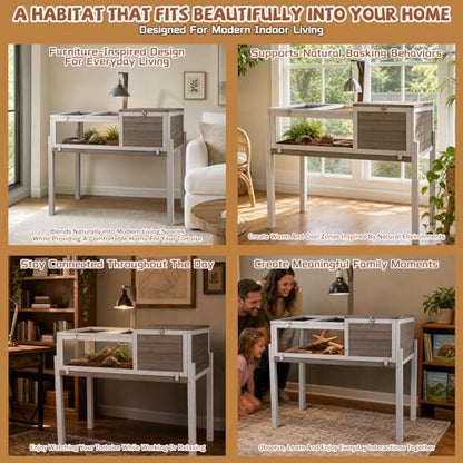 Furniture Style Tortoise Enclosure with Stand, Dual-Zone Tortoise Habitat with Hide Area, Built-in Lamp Holder, Large Acrylic Viewing Window, Easy Assembly Indoor Reptile Habitat
