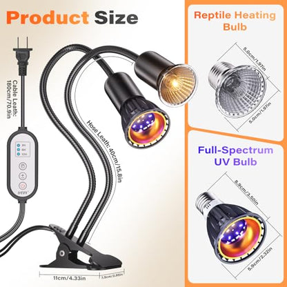 UV Reptile Heat Lamp, UVA UVB Reptile Light with Clamp and Intelligent Cycle Timer for Turtle, Bearded Dragon, Lizard and More,2 Bulbs 50W+UVAUVB