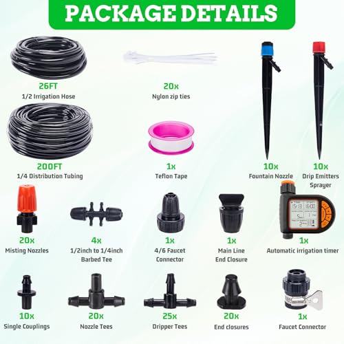 Automatic Drip Irrigation System Kit - 226FT with LCD Timer, 3 Sprayer Types Automatic Garden Watering System, 1/2 Inch Hose 1/4 Inch Distribution Tubing Garden Watering Solution for Outdoor Plants