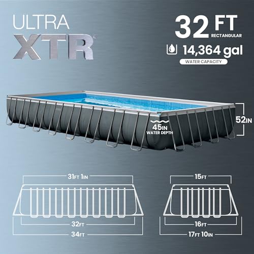 INTEX Ultra XTR 32ft x 16ft x 52in Above Ground Swimming Pool Set w/Pump | 26373EH - 2800 GPH Sand Filter Pump, Ladder, Pool Cover & Ground Cloth Included - Strong Galvanized Steel Frame - size: 32' x 16', style: Sand Filter Pump