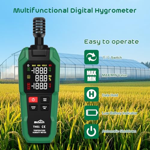 SQECH Temperature Humidity Meter Digital Hygrometer Psychrometer HVAC | Hydrometer Monitor with Ambient Thermometer, Dew Point, Wet Bulb, Flashlight, Max/Min, Data Hold, Color Backlight