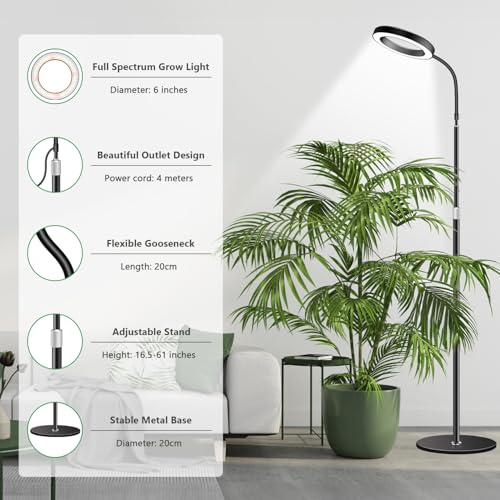 Aumtrly Black Grow Lights for Indoor Plants, Full Spectrum, with 68" Stand | 6/12/16H Timer, 5 Dimming Levels, 80 LED Halo, Floor Growing Lamp for Large Tall Plants with Flexible Gooseneck, Metal Base - size: 1 head 68inch/black