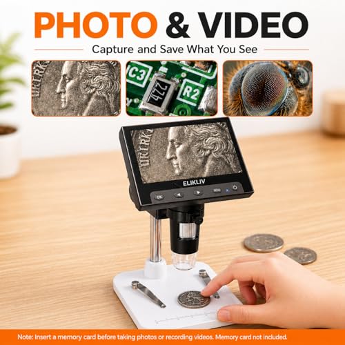 Elikliv Microscope, LCD Digital Coin Microscope 1000x, Coin Magnifier with 8 Adjustable LED Lights, PC View Compatible with Windows/MacBook, EDM4, 4.3-Inch - color: White