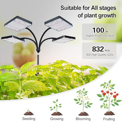 Grow Lights for Indoor Plants 100W, Natural Sunlight Full Spectrum Plant Growing Lamps for Houseplants & Bonsai Tree, 4/8/12/16/20 Hr Timer Plant Light Auto On/Off Everyday - size: 4Head Stand(100W)