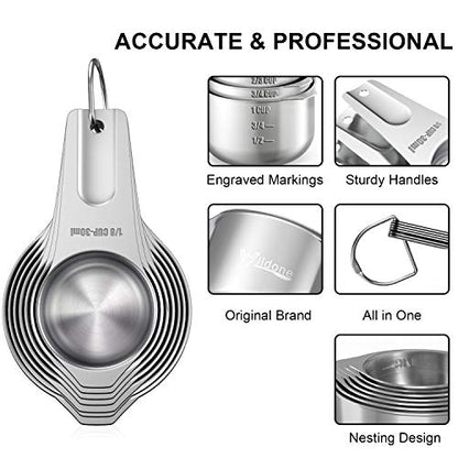 Wildone Measuring Cups & Spoons Set of 21 - Includes 7 Stainless Steel Nesting Cups, 8 Measuring Spoons, 1 Leveler & 5 Mini Measuring Spoons, Ideal for Dry and Liquid Ingredients - color: Silver