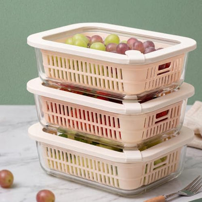 Glass Food Storage Containers with Glass Lids, Microwave Safe Food Container Set, Aitight Meal Prep Container Set, BPA Free, 3 extra Colanders, LeakProof, 3 Pack of 35oz - color: Ivorywhite-3RT