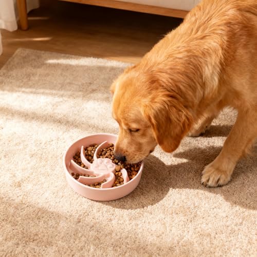 Ceramic Slow Feeder Dog Bowl, 3 Cup Dog Food or 25oz Water, Slow Eating Bowl for Middle Breed, Maze Puzzle Feeder for Fast Eaters, Anti-Choking Stop Bloat, Non-Slip BPA Free (Pink) - color: Pink