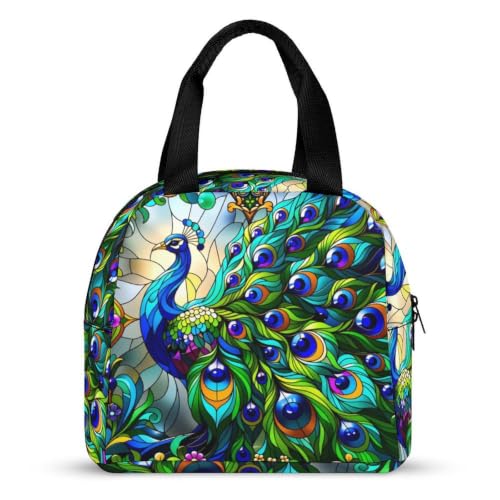Stained Glass Green Peacocks Lunch Bag for Women Men | Insulated Lunch Box Leakproof Food Meal Containers Reusable Foldable 6L Capacity Lunch Tote Bags for Work Picnic Travel - color: style-14