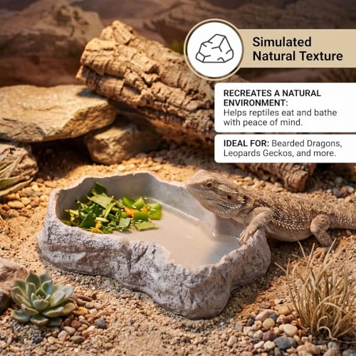 Reptile Water Dish 600ml Tortoise Food Bowl - Natural Rock Texture Reptile Bowl, White, 8.9" X 6.50" X 1.77", Snake Water - color: White