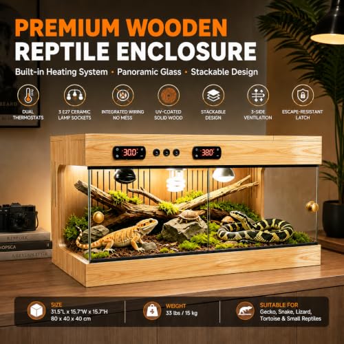 Reptile Terrarium for Lizard Tortoise Snake – Dual Thermostat Reptile Enclosure Stackable Wooden UV Coated with Ceramic Lamp Holder, Waterproof Easy Clean 3-Side Ventilation Anti-Escape (32x16x16 in) - size: 32x16x16 in