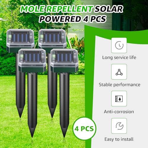 Mole Repellent Solar Powered Outdoor Chipmunk Repellent Ultrasonic | Waterproof Outdoor Deterrent Solar Mole Repellent Ultrasonic for Gopher Vole Rat Squirrel Skunk Garden Yard Lawn Pest Control