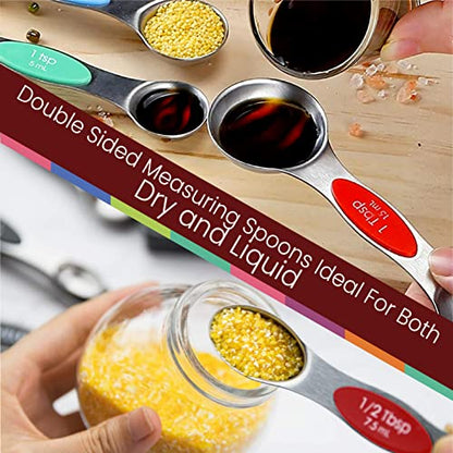 Magnetic Measuring Spoons Set of 9 Stainless Steel Dual-Sided Stackable Measuring Spoon Nesting Teaspoons Measuring Dry and Liquid Ingredients, Fits in Spice Jars Set of 9 (Multicolor) - color: Multicolor