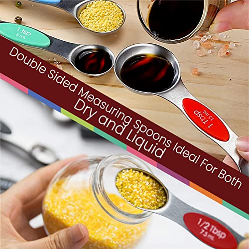 Magnetic Measuring Spoons Set of 9 Stainless Steel Dual-Sided Stackable Measuring Spoon Nesting Teaspoons Measuring Dry and Liquid Ingredients, Fits in Spice Jars Set of 9 (Multicolor) - color: Multicolor
