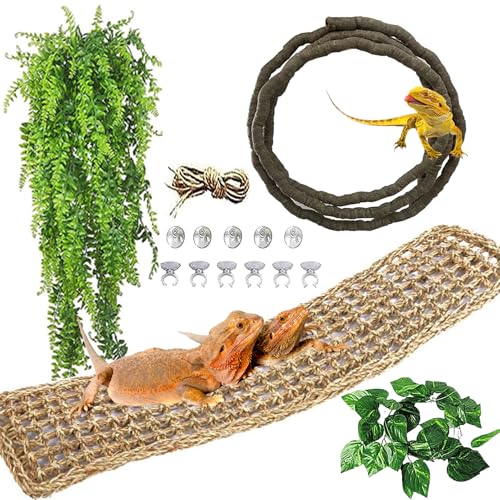 kathson Bearded Dragon Large Hammock,Lizard Lounger 29.53x7.08inches Natural Seagrass Fibers Pet Recliner Flexible Vine Decoration for Gecko Chameleon Snakes (4 PCS)