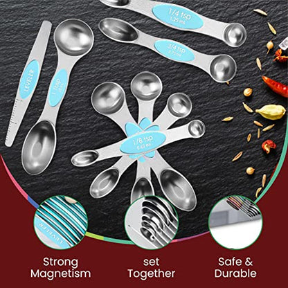 Magnetic Measuring Spoons Set of 9 Stainless Steel Dual-Sided Stackable Measuring Spoon Nesting Teaspoons Measuring Dry and Liquid Ingredients, Fits in Spice Jars Set of 9 (Blue Aqua Sky) - color: Blue (Aqua Sky)