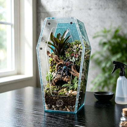 Installation Free Glitter Acrylic Coffin Jumping Spider Enclosure - Gothic Terrarium Habitat with Magnetic Lid, Micro Reptile Breeding Box for Slings, Mantis, Isopods and Small Insects (Glitter Blue) - color: Glitter Blue