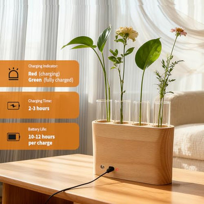 Rechargeable Plant Propagation Station with Wooden Stand,Desktop Terrarium Home Decor Dimmable LED Light 4 Glass Tubes Vases for Hydroponic Plants for Women