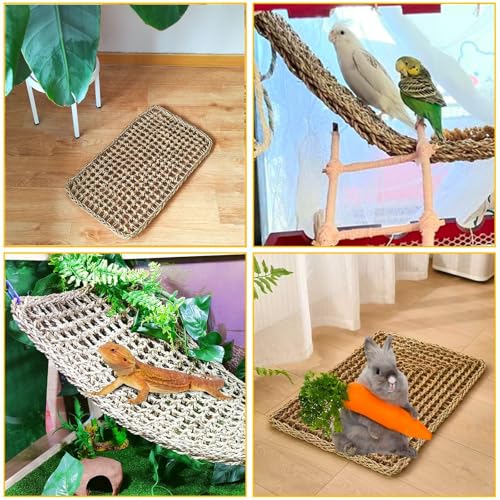 Large Bird Seagrass Mat 24 × 14 ''Natural Seagrass Woven Bird Net Hammock Climbing Rope Ladder with Hooks Chew Toy for Parrot Guinea Pig Lovebird Cockatiel Pigeon - size: 2Pcs 23.6" × 13.8"