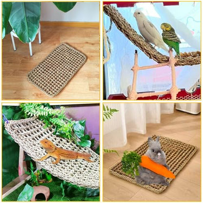 Large Bird Seagrass Mat 24 × 14 ''Natural Seagrass Woven Bird Net Hammock Climbing Rope Ladder with Hooks Chew Toy for Parrot Guinea Pig Lovebird Cockatiel Pigeon - size: 2Pcs 23.6" × 13.8"