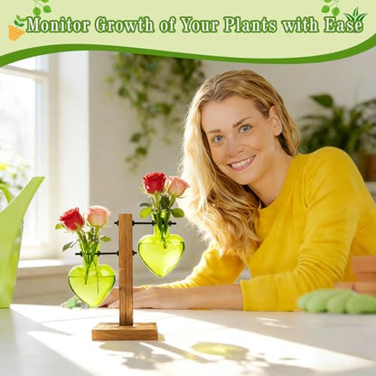 XXXFLOWER Plant Propagation Station Terrarium 2 Green Heart Shaped Vase | Terrarium Kit Bulb Glass Metal Desk Plant Holder, Retro Air Plants Water Plants, Home Office Decoration - color: Green