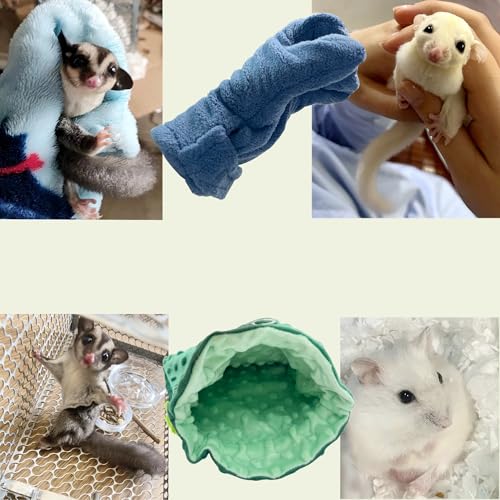 3 Pack Sugar Glider Tote Plush Sleeping Pouches and Anti Bite Calming Mitten, Warm Sleeping Bag Portable Drawstring Bonding Pouch Soothing Glove for Small Pets (Blue/Green/Gray) - color: Blue/Green/Gray