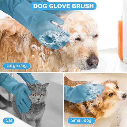 Dog washing gloves | Pet grooming gloves | Extra Long Arms 17.3in,hazy blue | This pet hair removal glove is made of thickened waterproof silicone and features scratch and bite resistance. - color: hazy blue