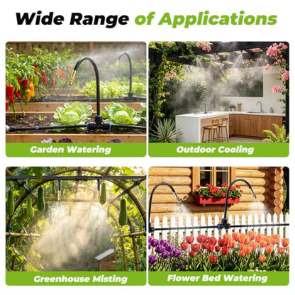 200 Ft 1/4 Inch Drip Irrigation System with 32 Copper Nozzles | Complete watering kit includes 32 adjustable copper sprayers, tubing, fittings, stakes, filters and quick-connect parts.