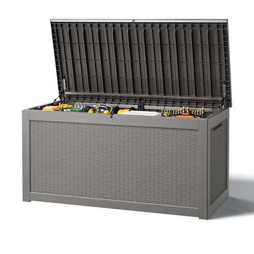 Outdoor Storage Box, Resin Deck Boxes Indoor and outdoor, Waterproof Storage Box Lockable Lid Grey,320 Gallon - color: Rattan Grey, style: 320 Gallon