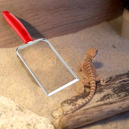 Fine Mesh Metal Reptile Litter Cleaner Scooper, Stainless Steel Mesh Litter Shovel, Black Non-Slip Handle Sifter for Lizard Substrate Reptile Terrarium Sand Waste, Red
