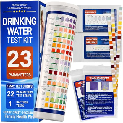 Water Test Kit for Drinking Water, 23-in-1 Water Test Strips for Tap & Well Water, Tests Hardness, Lead, Iron, Copper, Chlorine, Fluoride, pH, Nitrate & More, Fast Home Water Testing, 155 Strips