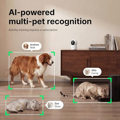 AI Pet Camera Indoor, Multi-Pet Recognition for Up to 6 Pets, 2K 3MP Dog & Cat Camera with 360° Auto Tracking, AI Daily Summaries, Night Vision, 2-Way Audio, 2.4/5GHz WiFi - color: White
