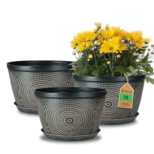 Quarut 10 Inch Flower Pots,3 Pack Planters for Outdoor Indoor | Plastic Plant Pots with Drainage Hole & Tray, Modern Decorative Garden Pot with Saucer, planters for House (Drak Bown) - color: Drak Bown, size: 10 Inch