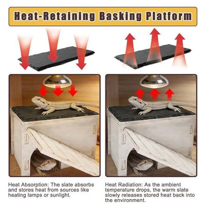 Bearded Dragon Basking Platform,Wooden Reptile Hide Cave with Slate Rock Climbing Ramp Tank Accessories for Leopard Geckos,Lizard,Snake,Tortoise (Small) - size: S:7.1×4.7×4.3"